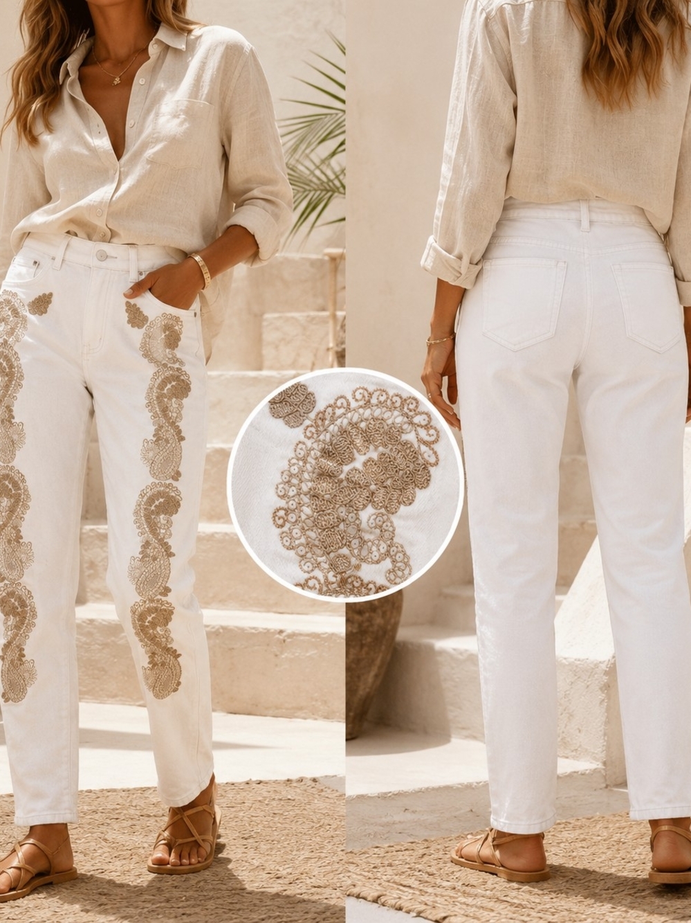 Soft Surroundings White Embroidered Paisley Jeans Womens 6 Slim Straight